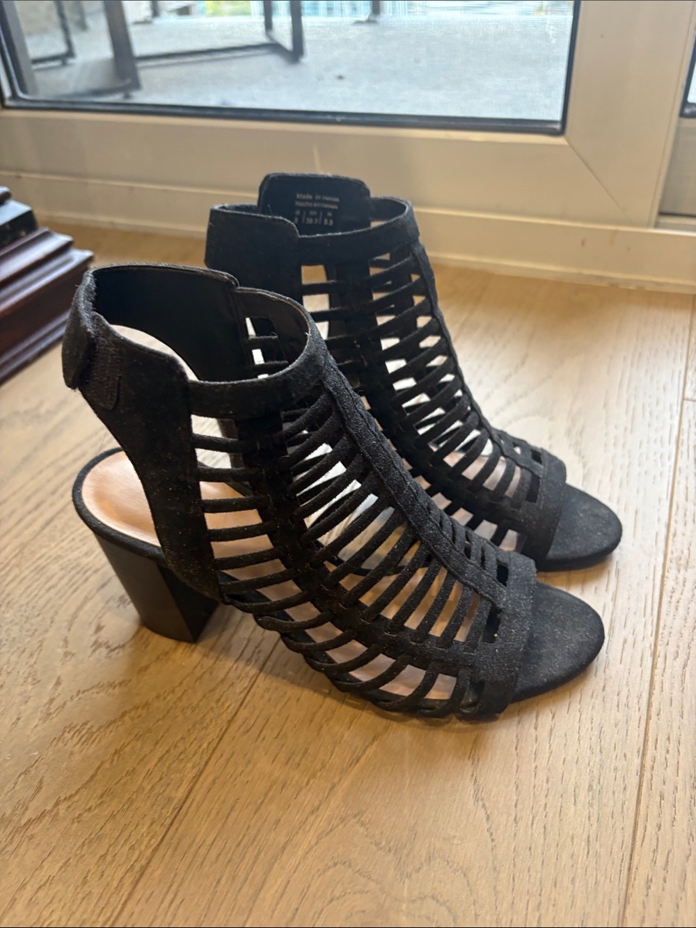 Women's Black Suede Cage Block Heel Sandals